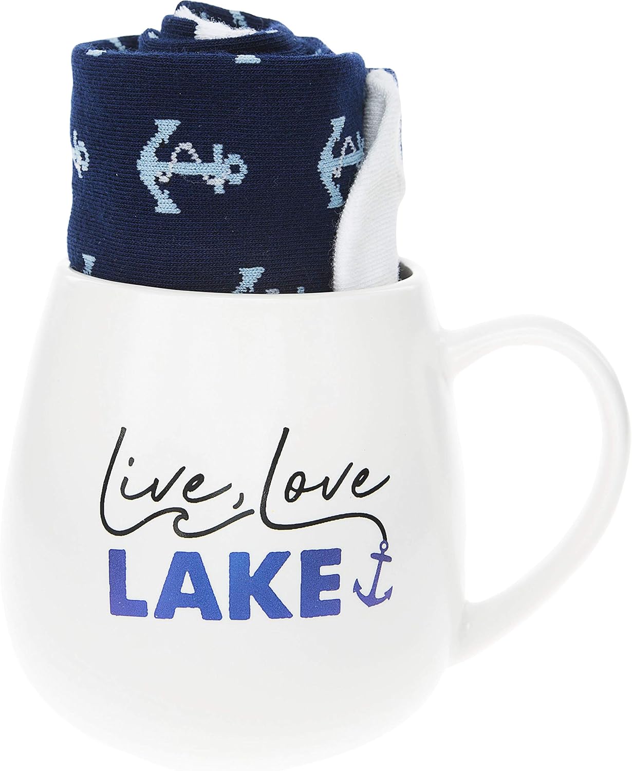 Pavilion Gift Company 71301 Live Love Lake Anchor Socks & 15.5 Oz Coffee Cup Mug Gift Set, White