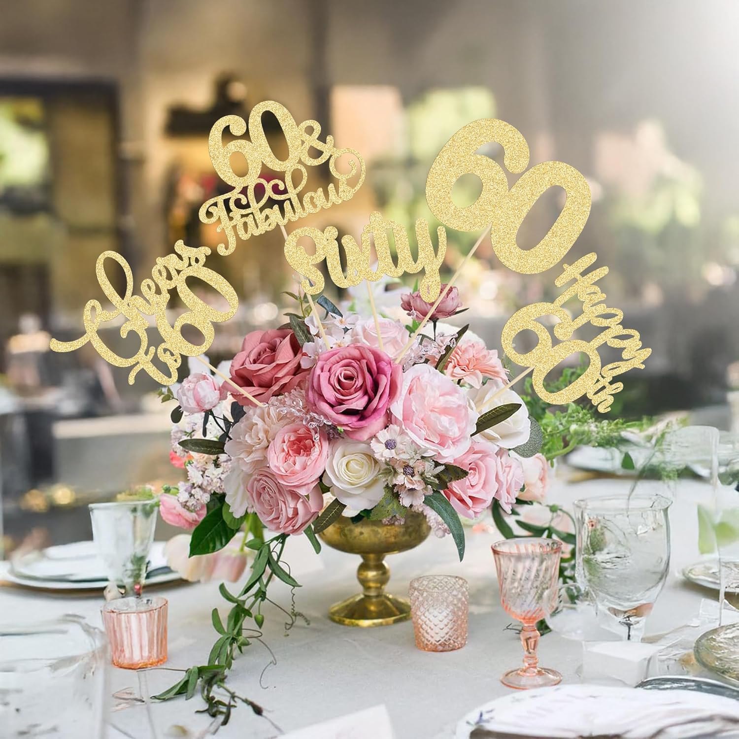Ephlyn 15Pcs 60th Birthday Centerpiece Sticks Sixty Happy 60 Table Flower Centerpieces Sticks Cheers to 60 Floral Decorations for 60th Birthday Party Centerpieces Supplies Gold