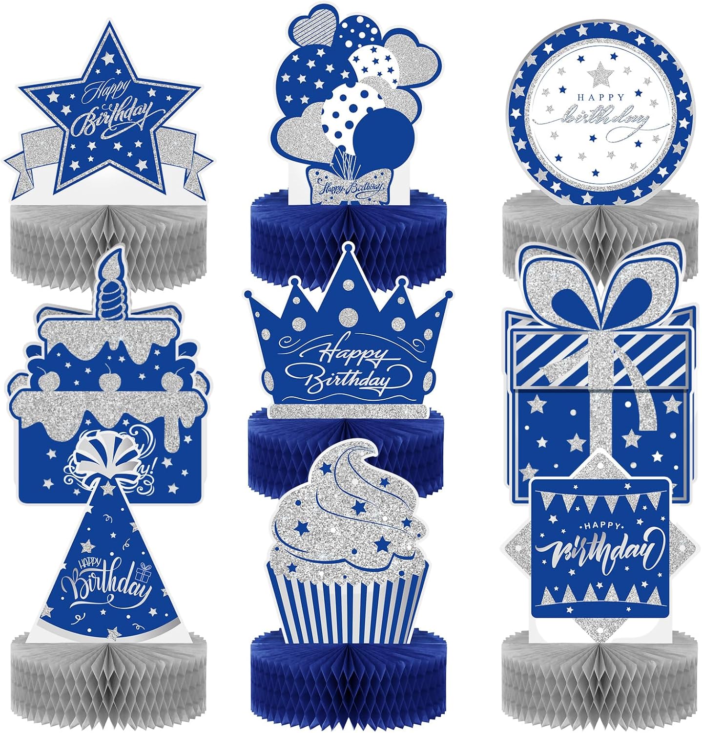 Teling 9 Pcs Happy Birthday Table Decorations Blue and Silver Decorations Navy Blue Centerpieces Happy Birthday Honeycomb Table Centerpieces for Men Women Party Supplies