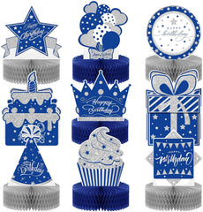 Teling 9 Pcs Happy Birthday Table Decorations Blue and Silver Decorations Navy Blue Centerpieces Happy Birthday Honeycomb Table Centerpieces for Men Women Party Supplies