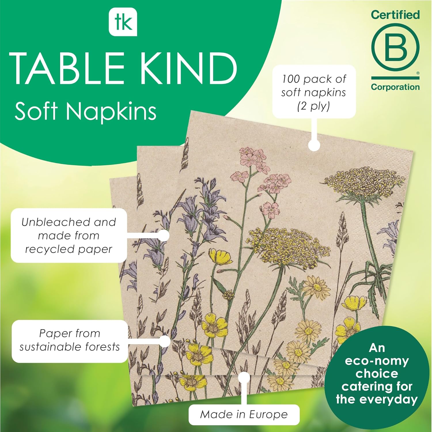 Table Kind 100 x Soft Recycled Paper Napkins, 2ply, 33cm Spring Wildflower Floral Napkins for Disposable Party Serviettes for Easter Weddings Eco-Friendly, Kraft Unbleached Home Compostable