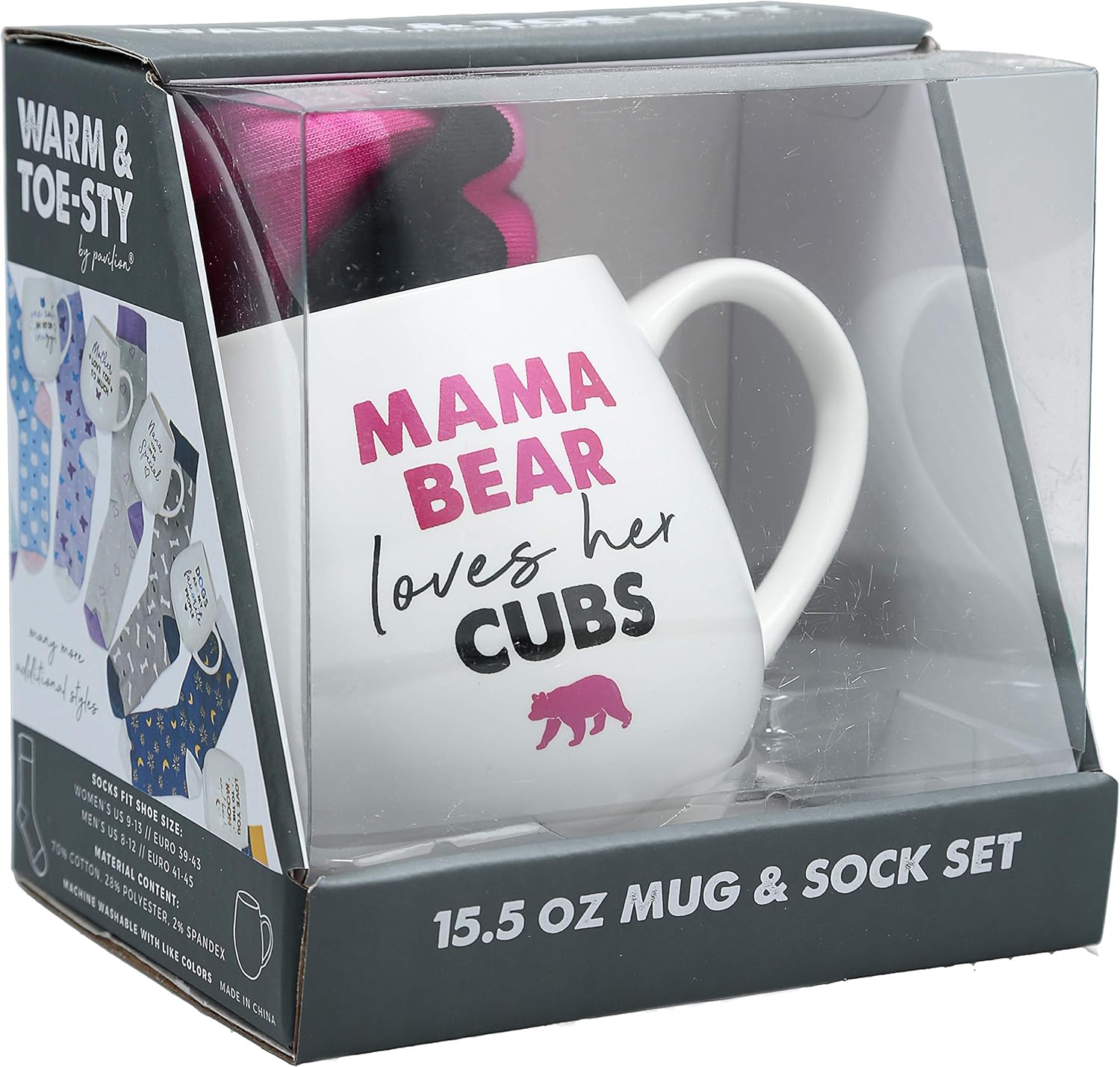 Pavilion Gift Company 71308 Mama Bear Loves Her Cubs Checkered Socks & 15.5 Oz Coffee Cup Mug Gift Set, Stoneware, White