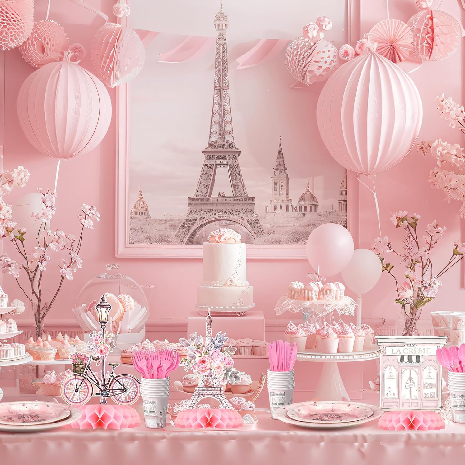 Paris Party Centerpiece Set - Eiffel Tower Honeycomb Paris Birthday Decorations and Paris Table Toppers for Kids' French-Themed Birthday and Baby Shower Table Decor