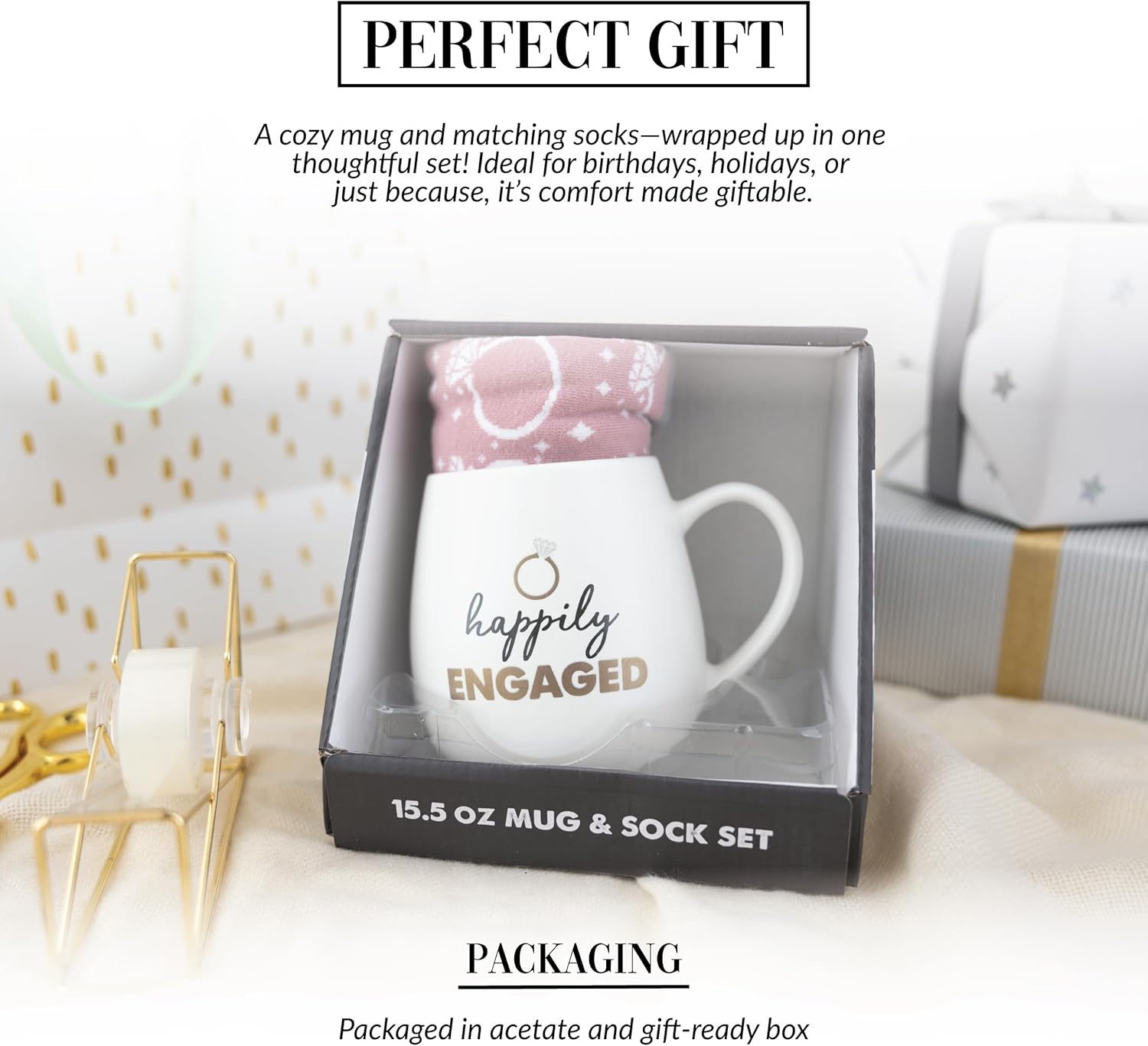 Pavilion - Happily Engaged - 15.5 Oz Coffee Mug Tea Cup with Crew Socks Wife Valentine's Day Wedding Engagement Bridal Shower Bachelorette Present