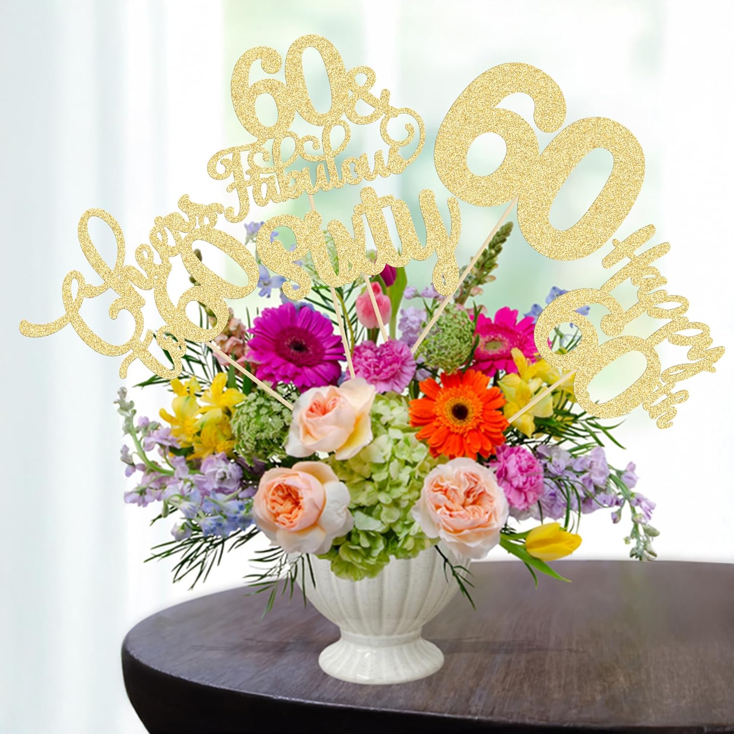 Ephlyn 15Pcs 60th Birthday Centerpiece Sticks Sixty Happy 60 Table Flower Centerpieces Sticks Cheers to 60 Floral Decorations for 60th Birthday Party Centerpieces Supplies Gold