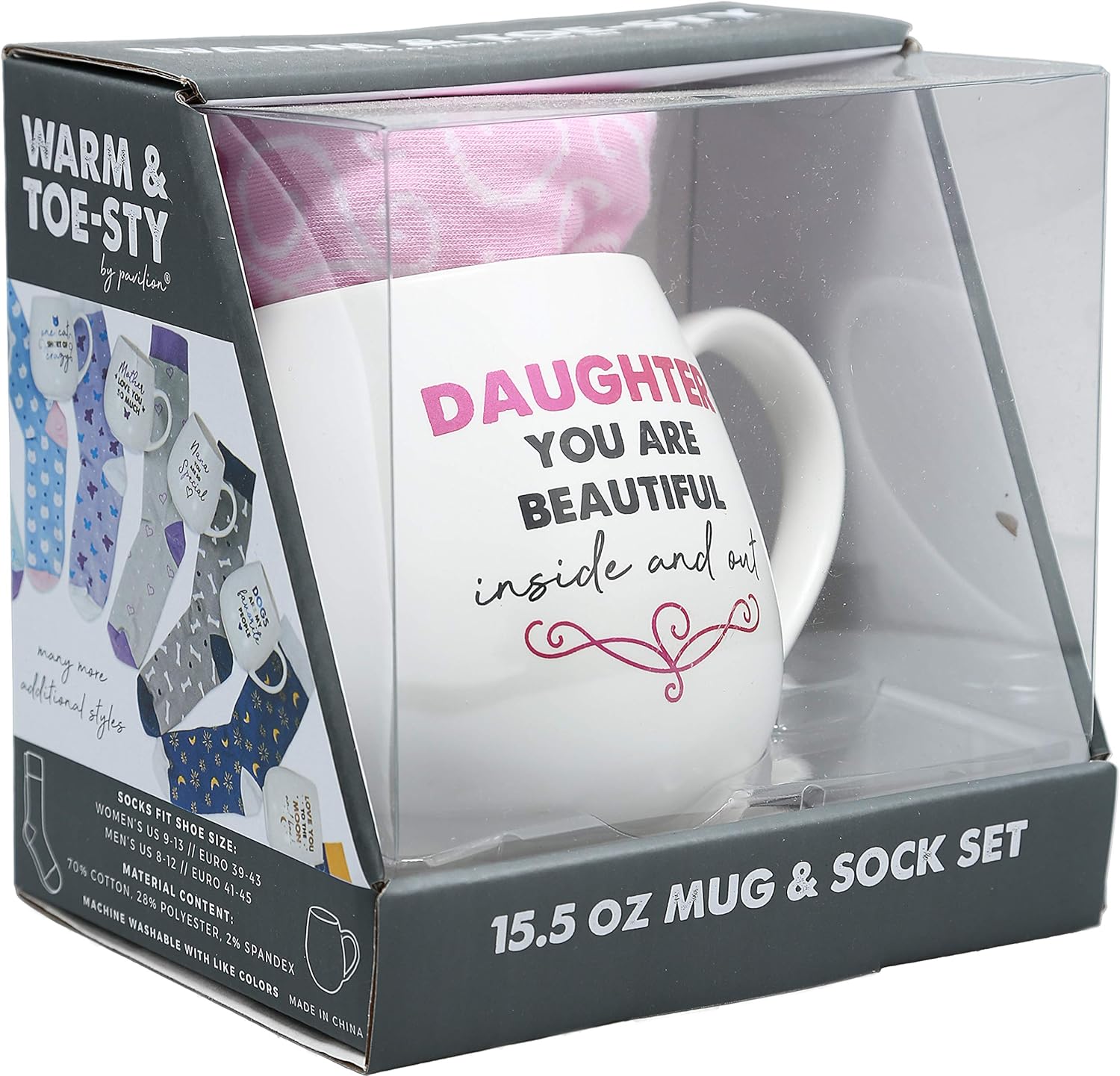 Pavilion Gift Company 71314 Daughter You are Beautiful Inside and Out Patterned Socks & 15.5 Oz Coffee Cup Mug Gift Set, Stoneware, White