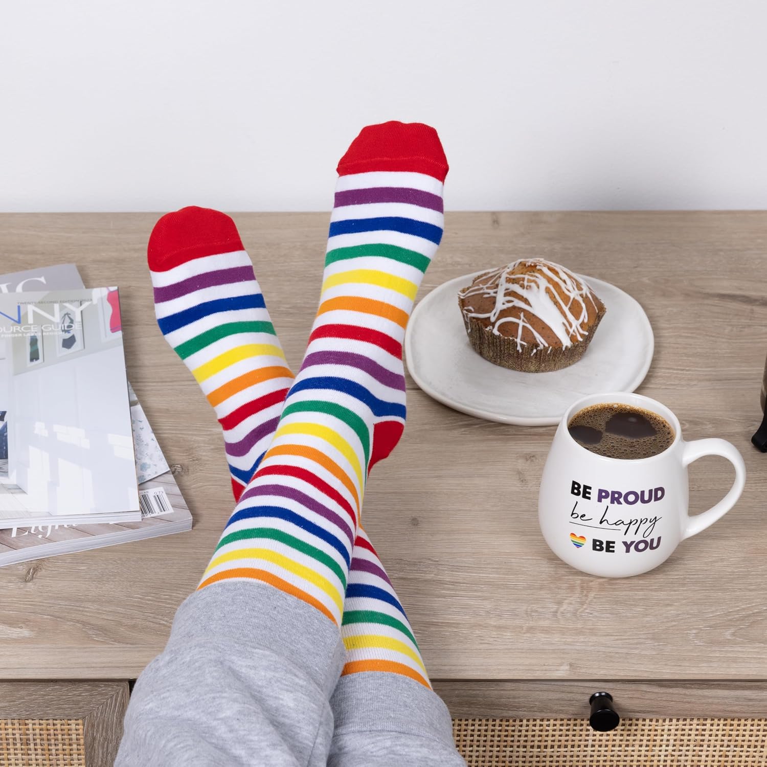 Pavilion - Be Proud Be Happy Be You - 15.5 oz Mug & Novelty Patterned 9-13 US Women & 8-12 US Men Socks Gift Set Rainbow Pride LGBTQ+ Coming Out Present