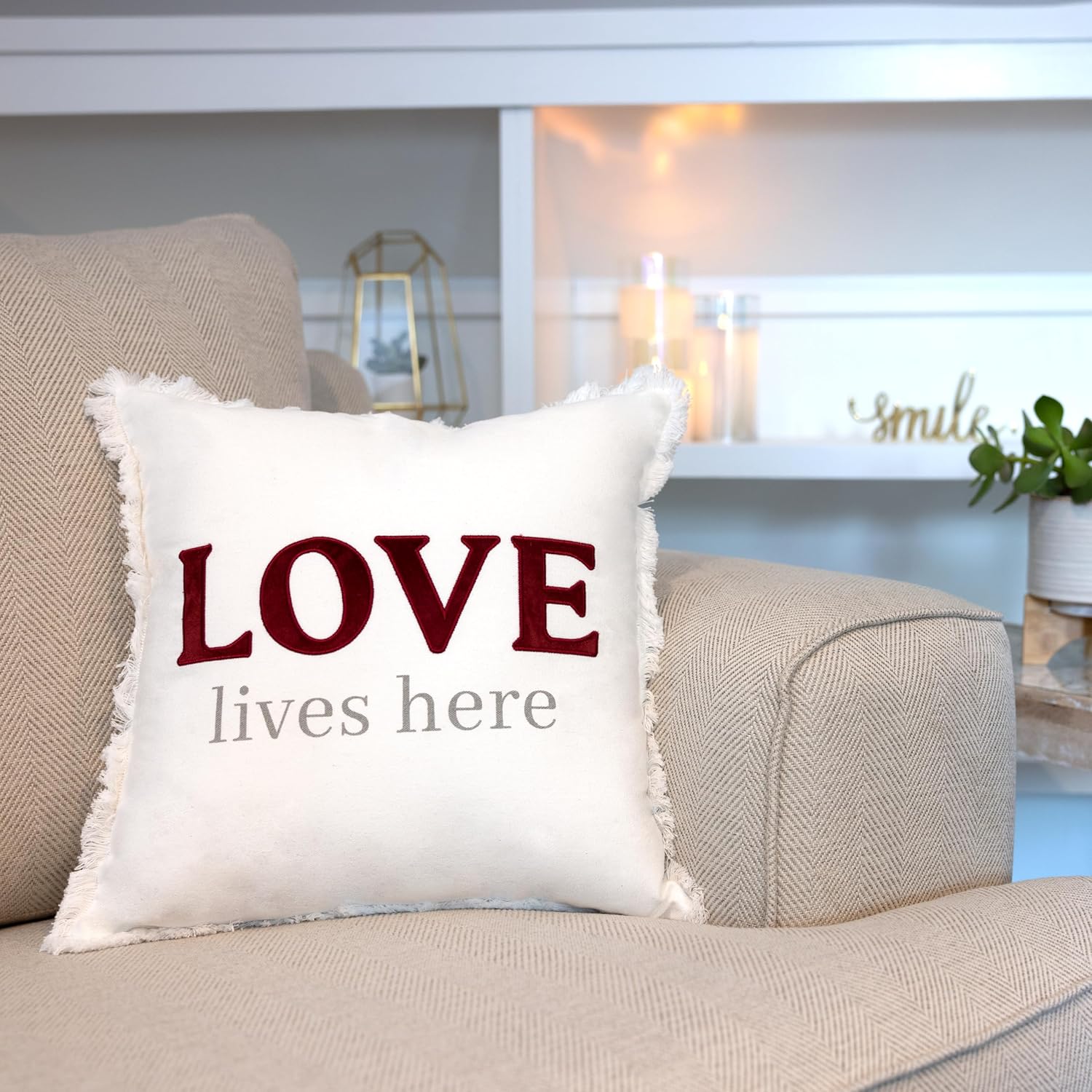 Pavilion - Love Lives Here - Throw Pillow Cover, 18x18, Decorative Square Throw Pillow Cover, Love Lives Here Pillow, Housewarming Gift, Guest Room Decor Bed Pillow Case, 1 Count, White