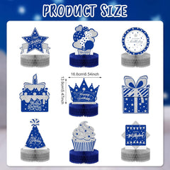 Teling 9 Pcs Happy Birthday Table Decorations Blue and Silver Decorations Navy Blue Centerpieces Happy Birthday Honeycomb Table Centerpieces for Men Women Party Supplies