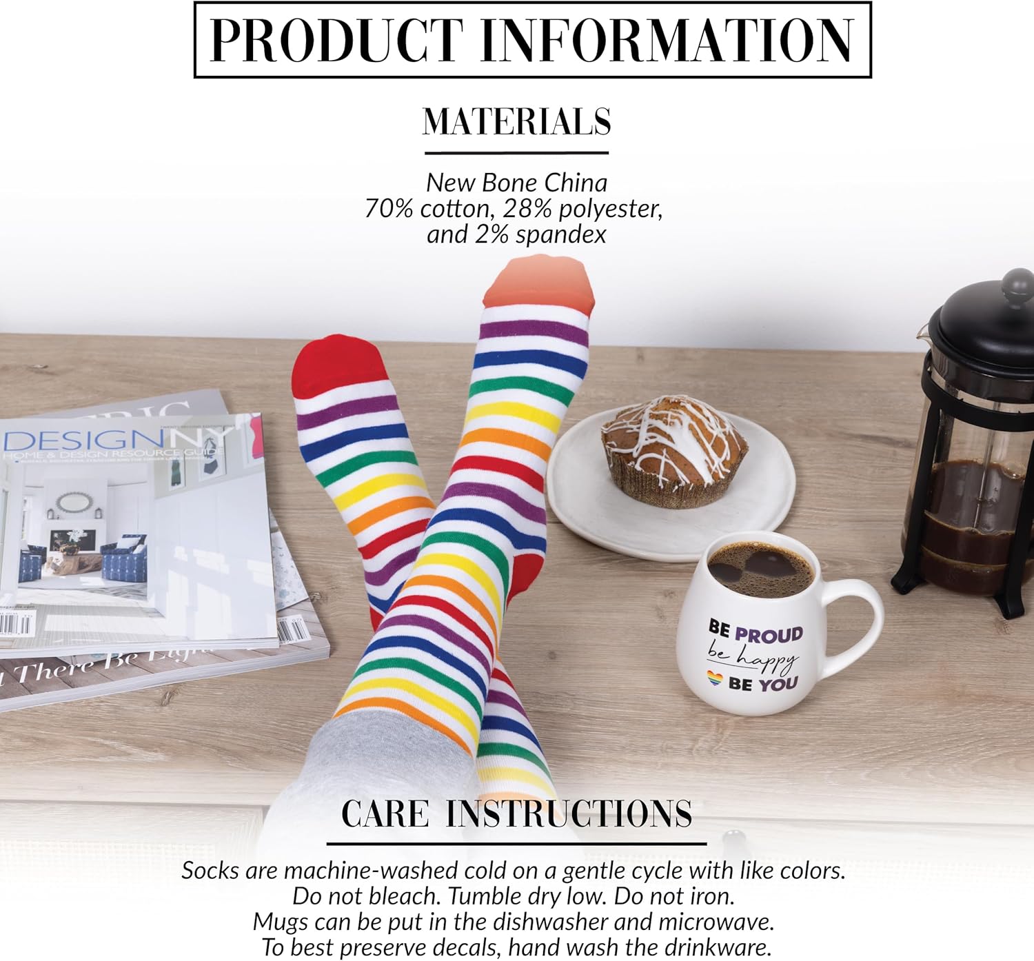 Pavilion - Be Proud Be Happy Be You - 15.5 oz Mug & Novelty Patterned 9-13 US Women & 8-12 US Men Socks Gift Set Rainbow Pride LGBTQ+ Coming Out Present