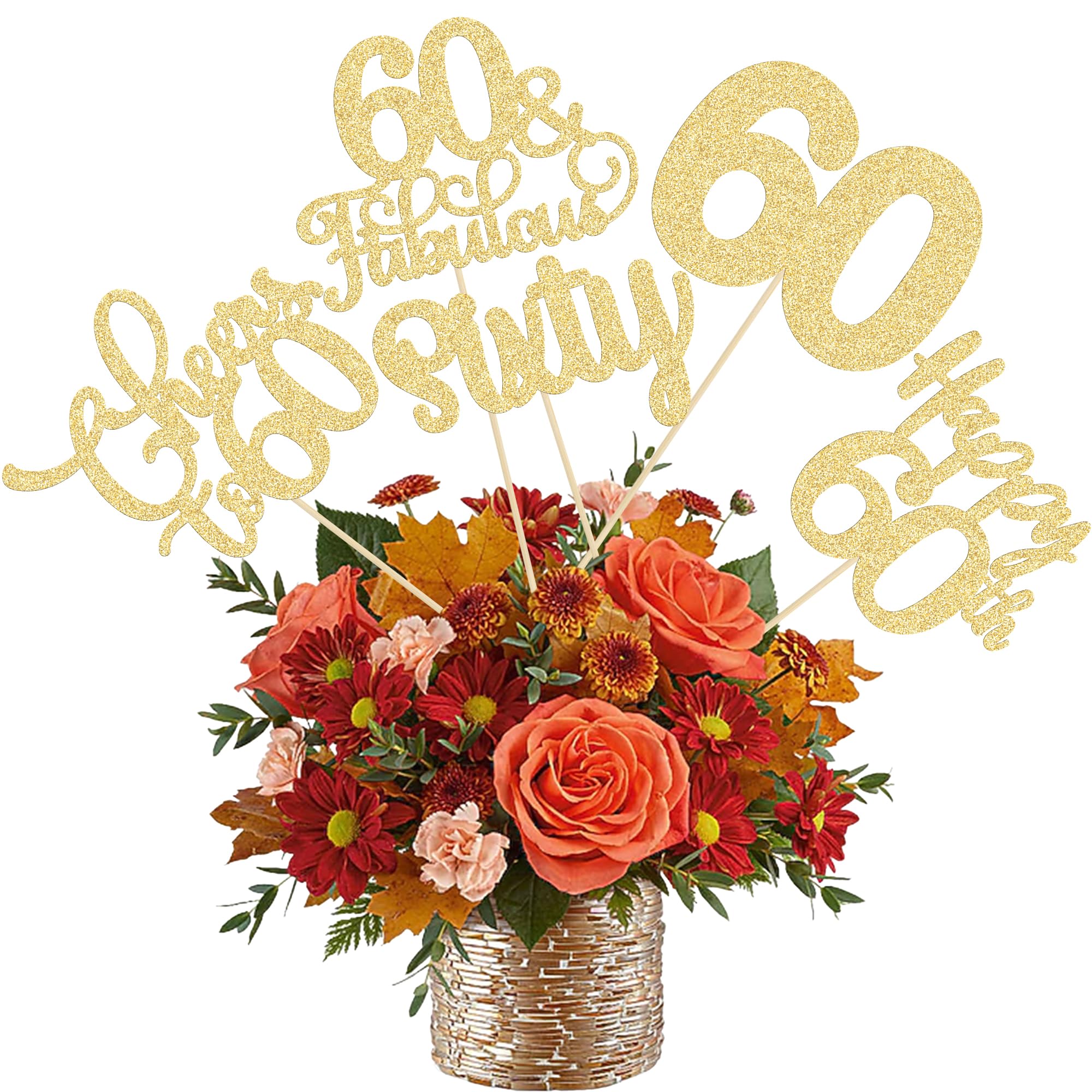 Ephlyn 15Pcs 60th Birthday Centerpiece Sticks Sixty Happy 60 Table Flower Centerpieces Sticks Cheers to 60 Floral Decorations for 60th Birthday Party Centerpieces Supplies Gold