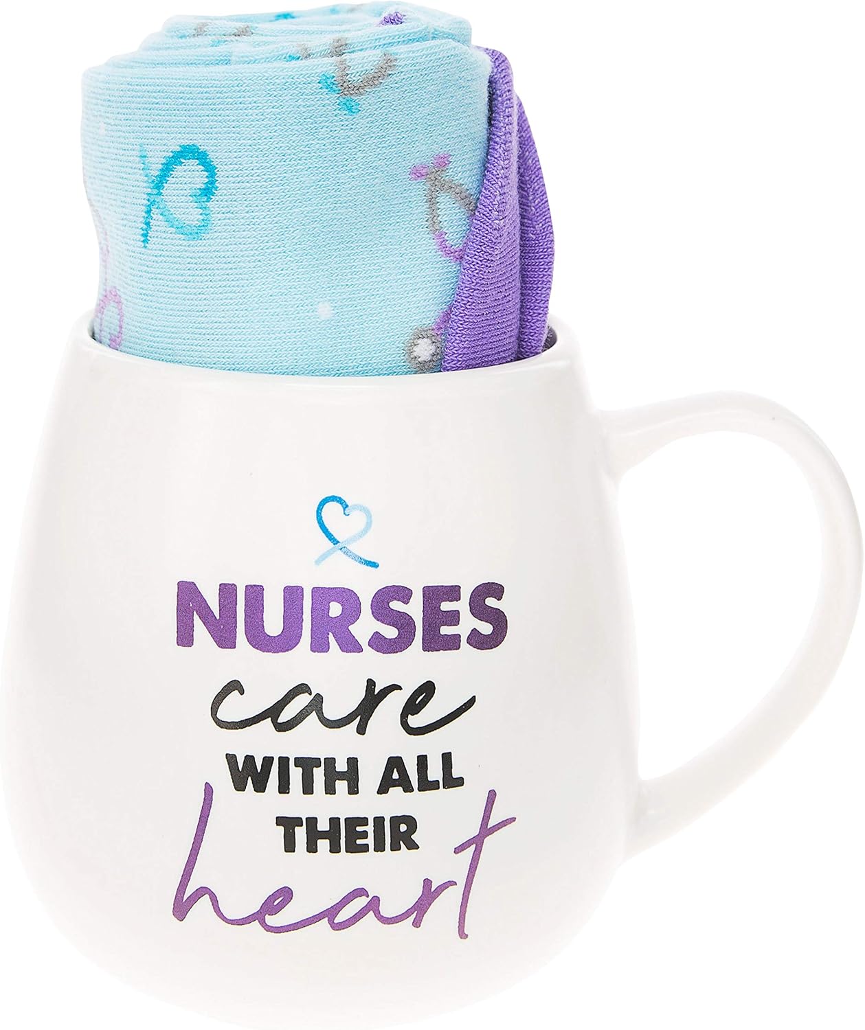 Pavilion Gift Company 71316 Nurses Care Heart Socks & 15.5 Oz Coffee Cup Mug Gift Set, Stoneware, White