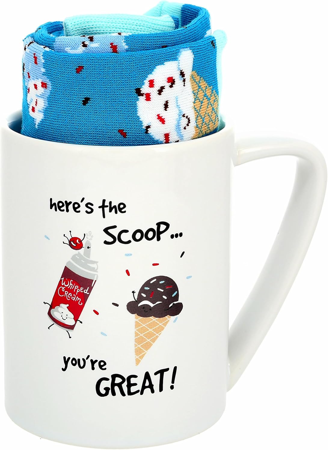 Pavilion - Here's The Scoop You're Great - Blue & Red Novelty Ice Cream Crew Socks & 18 oz Mug Long Distance Relationship Gift Girlfriend Wife Present