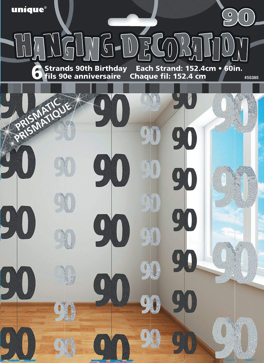 70th Glitz Black and Silver Anniversary Birthday Metallic Hanging String Shiny Foil Banner Party Door Wall Decorations Pack of 6