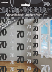 70th Glitz Black and Silver Anniversary Birthday Metallic Hanging String Shiny Foil Banner Party Door Wall Decorations Pack of 6