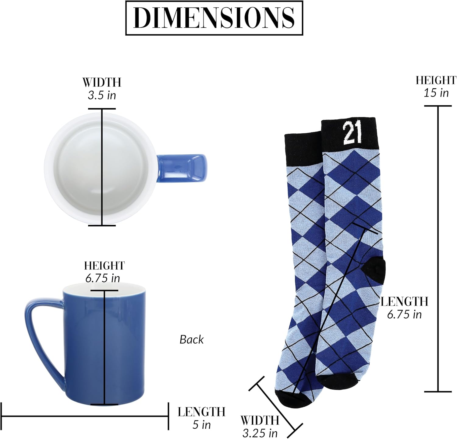 Pavilion Gift Company - Happy 21st 18 oz Coffee Mug Tea Cup - 21 Argyle Patterned Blue Crew Socks Women US 9-13 & Men US 8-12 Birthday Party Celebration Decoration Commemoration Gift Present for Him