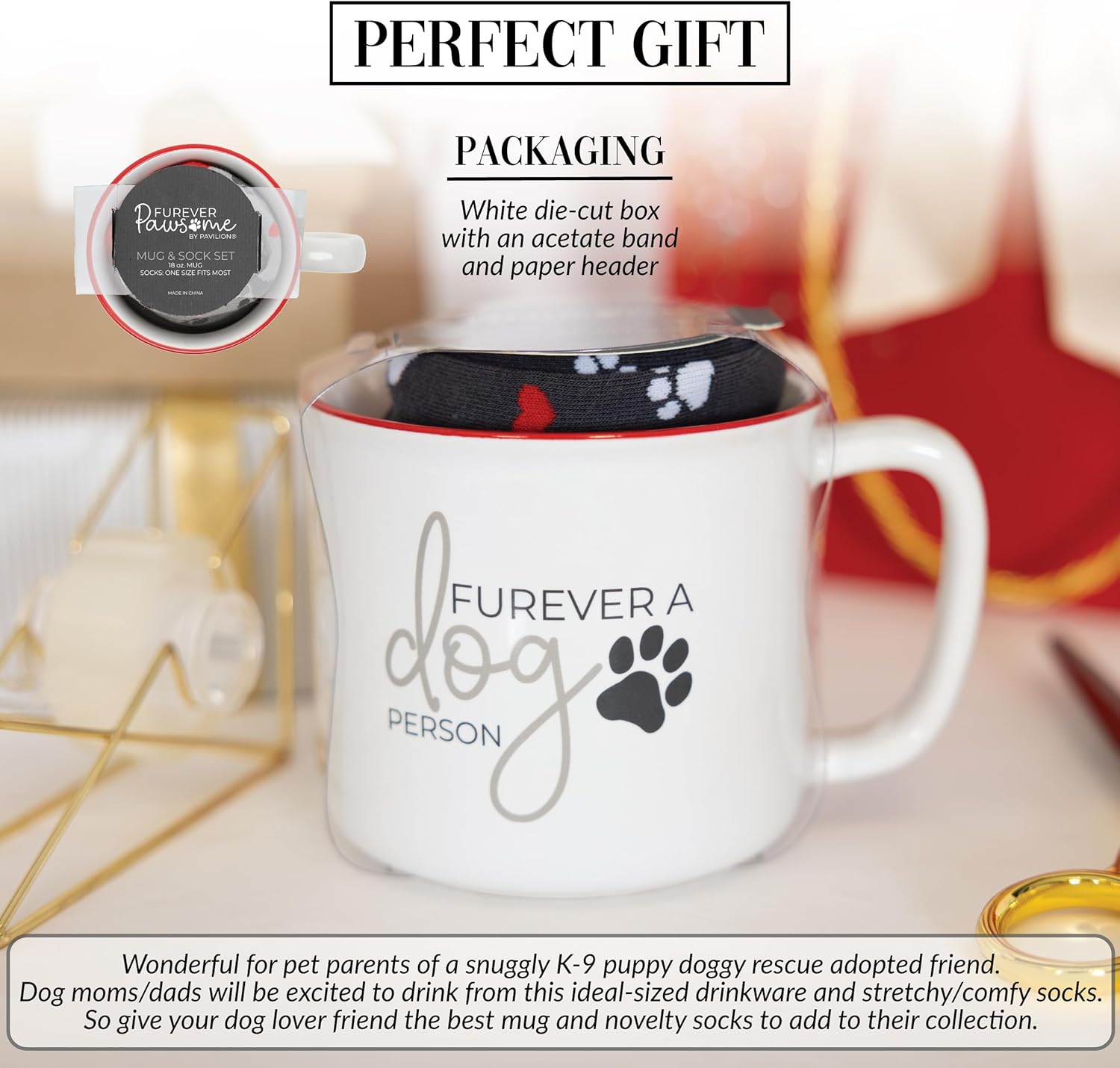 Pavilion - Furever A Dog Person - 18 oz Coffee Mug Tea Cup & Crew Sock Set - K-9 Puppy Doggy Rescue Adoption Dog Mom Dad Gift Present