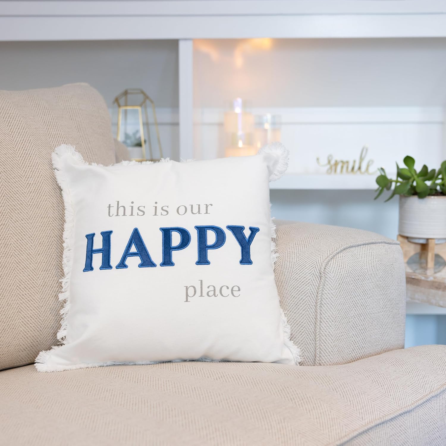 Pavilion - Happy Place - Throw Pillow Cover, 18x18, Decorative Square Throw Pillow Cover, Pillow Cover, Guest Room Decor Bed Pillow Case, 1 Count, White