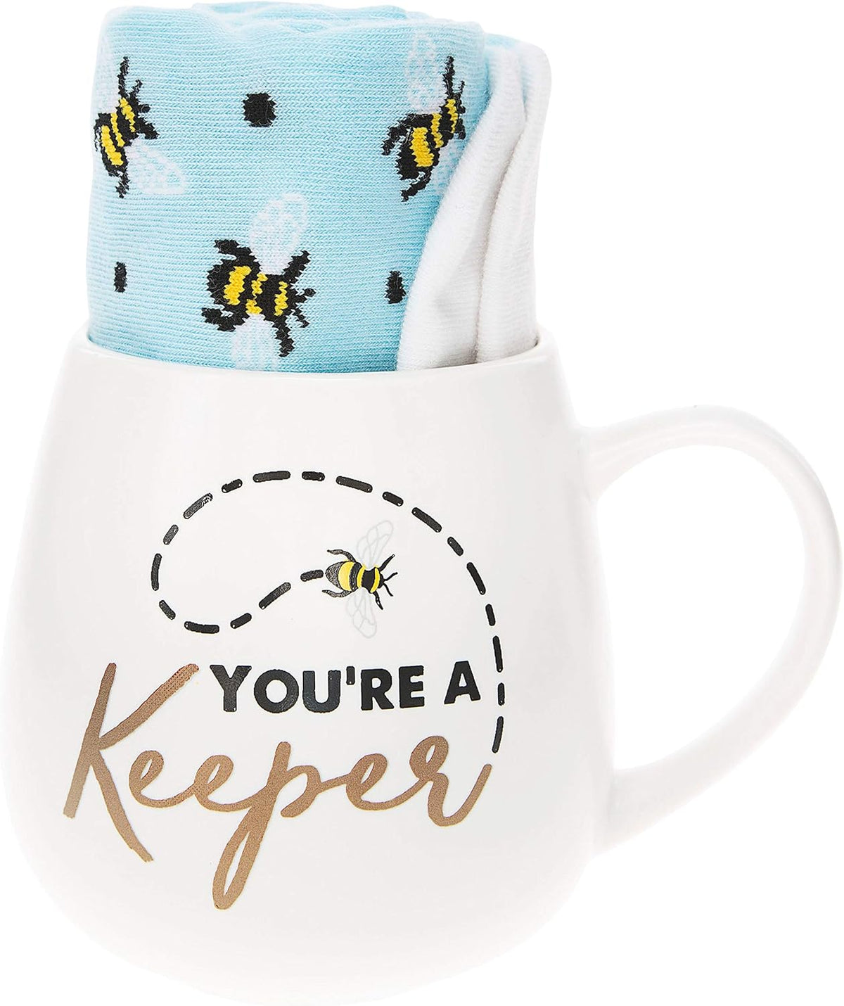 Pavilion Gift Company 71300 You're A Keeper Bee Socks & 15.5 Oz Coffee Cup Mug Gift Set, Stoneware, White