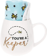 Pavilion Gift Company 71300 You're A Keeper Bee Socks & 15.5 Oz Coffee Cup Mug Gift Set, Stoneware, White