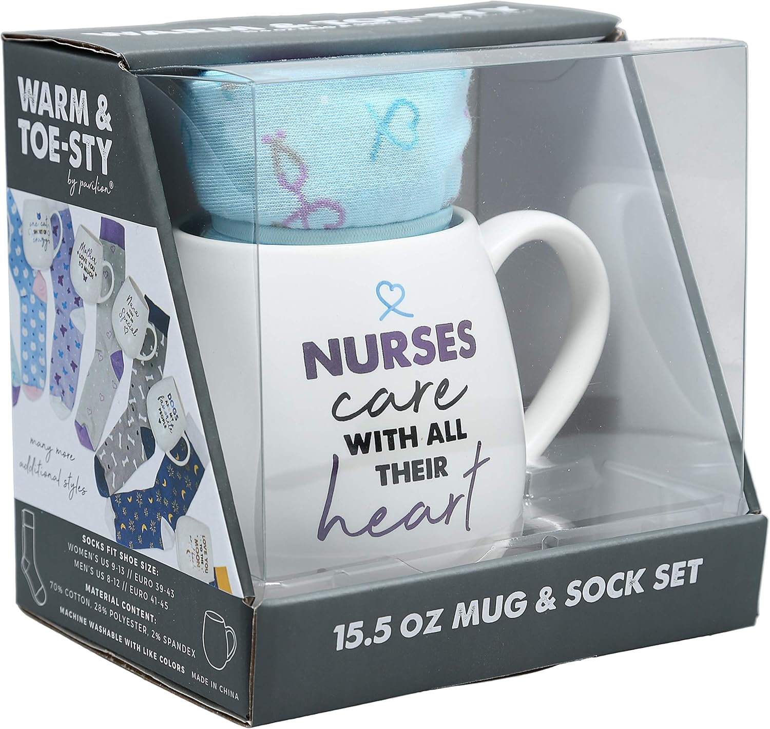 Pavilion Gift Company 71316 Nurses Care Heart Socks & 15.5 Oz Coffee Cup Mug Gift Set, Stoneware, White