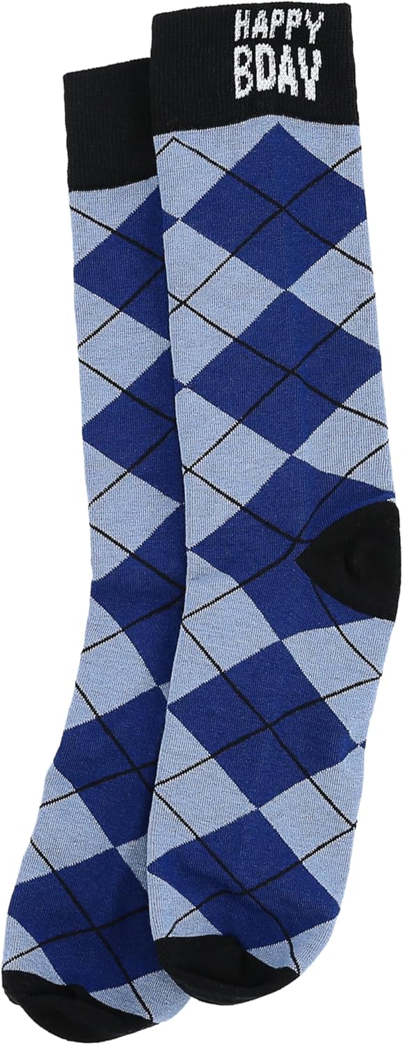 Pavilion - Happy Bday 18 oz Coffee Mug Tea Cup - Argyle Patterned Blue Crew Socks Women US 9-13 & Men US 8-12 Birthday Party Celebration Decoration Commemoration Gift Present for Him