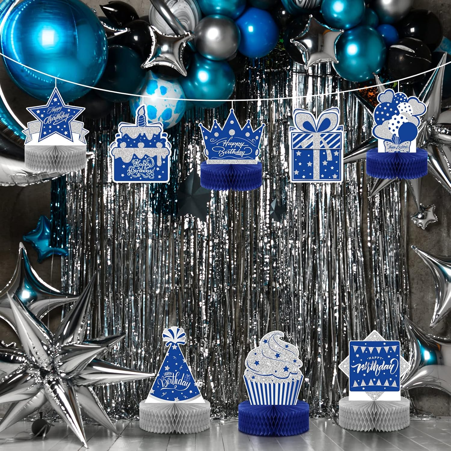 Teling 9 Pcs Happy Birthday Table Decorations Blue and Silver Decorations Navy Blue Centerpieces Happy Birthday Honeycomb Table Centerpieces for Men Women Party Supplies