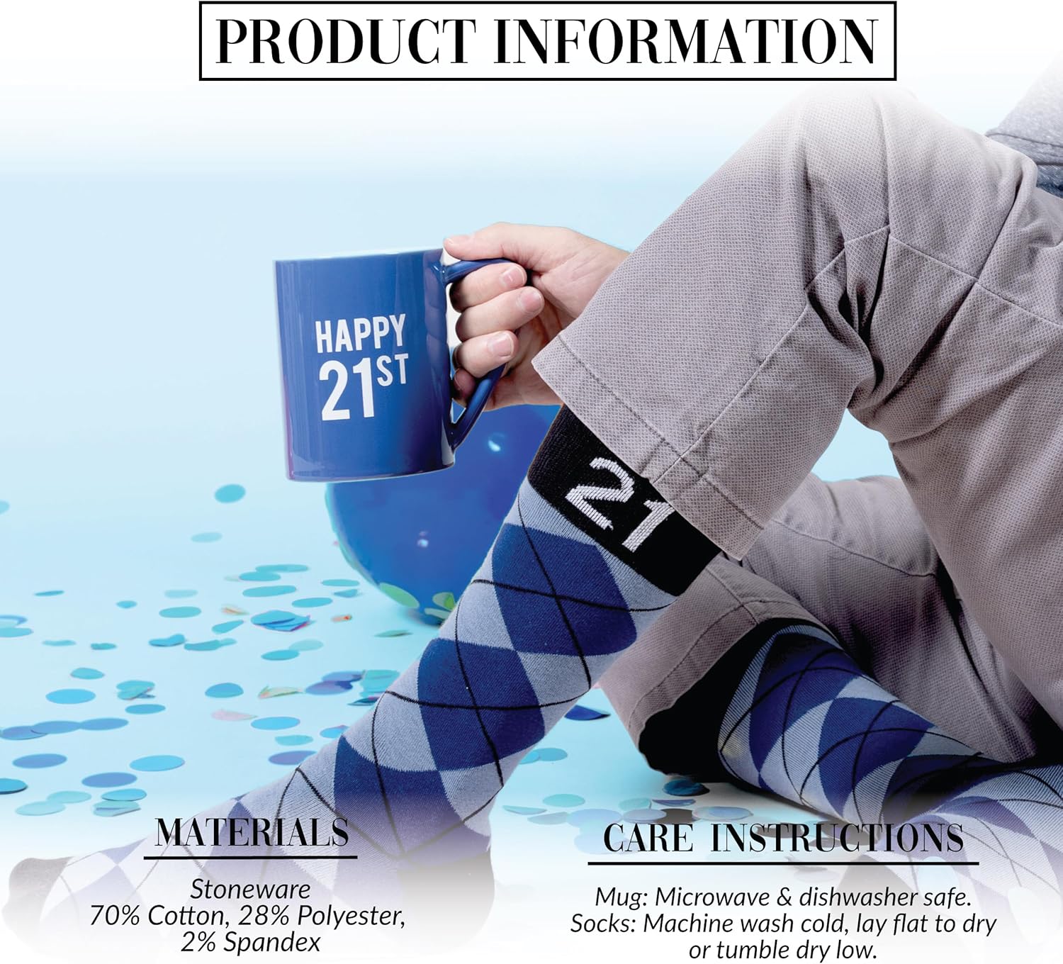 Pavilion Gift Company - Happy 21st 18 oz Coffee Mug Tea Cup - 21 Argyle Patterned Blue Crew Socks Women US 9-13 & Men US 8-12 Birthday Party Celebration Decoration Commemoration Gift Present for Him