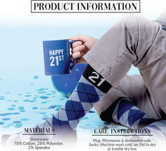 Pavilion Gift Company - Happy 21st 18 oz Coffee Mug Tea Cup - 21 Argyle Patterned Blue Crew Socks Women US 9-13 & Men US 8-12 Birthday Party Celebration Decoration Commemoration Gift Present for Him