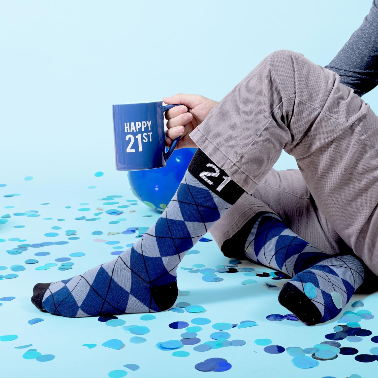 Pavilion Gift Company - Happy 21st 18 oz Coffee Mug Tea Cup - 21 Argyle Patterned Blue Crew Socks Women US 9-13 & Men US 8-12 Birthday Party Celebration Decoration Commemoration Gift Present for Him